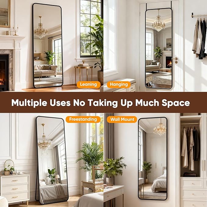 Antok 58''x 20'' Full Length Mirror Over Door, 4-in-1 Standing Leaning Wall Mounted, Adjustable Hanging Mirror for Bedroom Living Room, Black, Rounder Corner