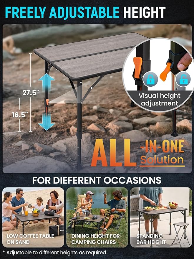 KingCamp Folding Camping Table, Ultralight Portable Folding Fiber Glass Camp Table with Adjustable Height, Heavy Duty Aluminum Legs & Carry Bag for Outdoor, Picnic, Beach, Party, BBQ (2-4 People)