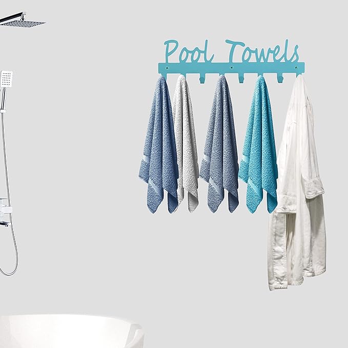 Pool Towel Rack for Bathroom Wall Mount Towel Hooks Towel Holder Carbon Steel Hanger Organizer Indoor Outdoor for Robe, Towel, Coat, Swimsuit, Umbrella, Bag, Keys(Blue)