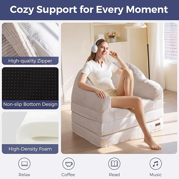 MAXYOYO Folding Sofa Bed with Backrest, Boneless Fold Out Couch Bed with Handle, 2 in 1 Convertible Bean Bag Chair to Floor Sofa Lounger, Comfy Folding Couch for Bedroom & Living Room, Beige