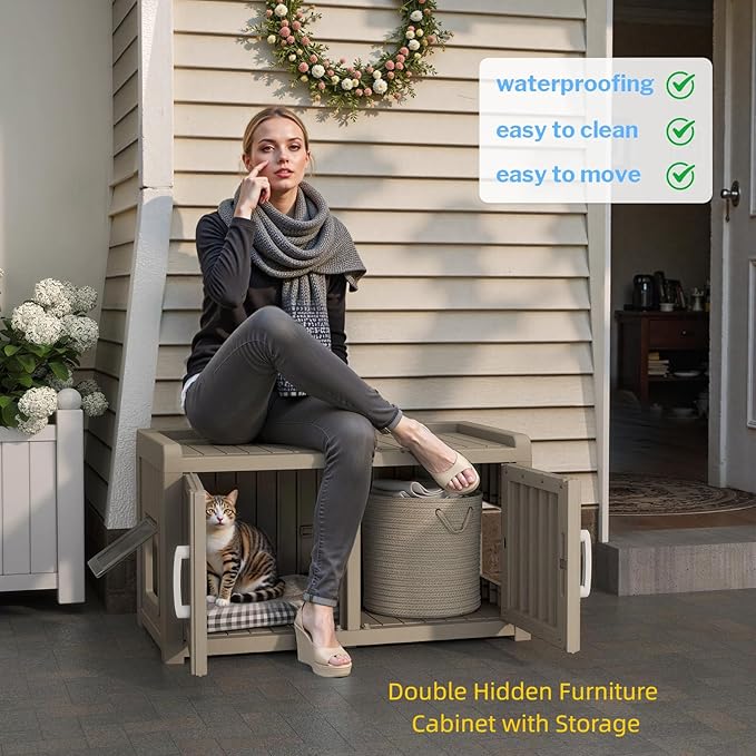 2 Doors Shoe Storage Bench - 2 Side Door Hidden Furniture Cabinet with Storage, Waterproof Entryway Bench with Seat for Indoor Outdoor, Outdoor Shoe Storage for Hallway, Grey