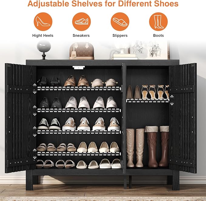 UNIQUITE Wooden Shoes Cabinet with 3 Doors and Adjustable Shelves, Retro Freestanding Shoe Organizer Cabinet for Entryway Hallway Living Room, 5-Tier Shoe Cabinet for 30 Pairs, Black