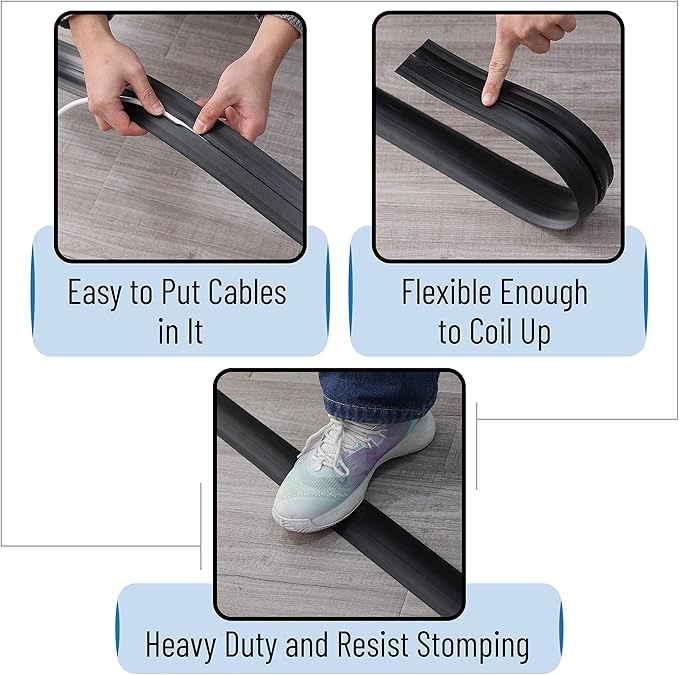 Bates- Floor Cord Cover, 4ft, Cable Cavity 0.6" (W) x 0.31" (H), Heavy Duty Wire Protector, PVC Extension Cords Hider, Protect Cords, Prevent Cable Trips, Cord Hider for Office, Home, Outdoor