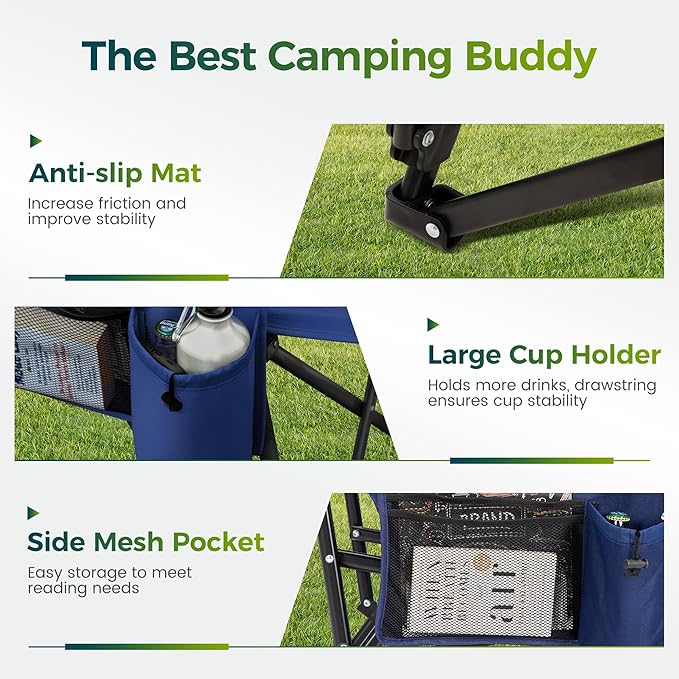 ALPHA CAMP Oversized Folding Camping Chairs High Backrest Heavy Duty Lawn Chairs for Adults Support 500 LBS Portable Camp Chairs with Cup Holders Large Side Pocket Outdoor Chair 2 Pack
