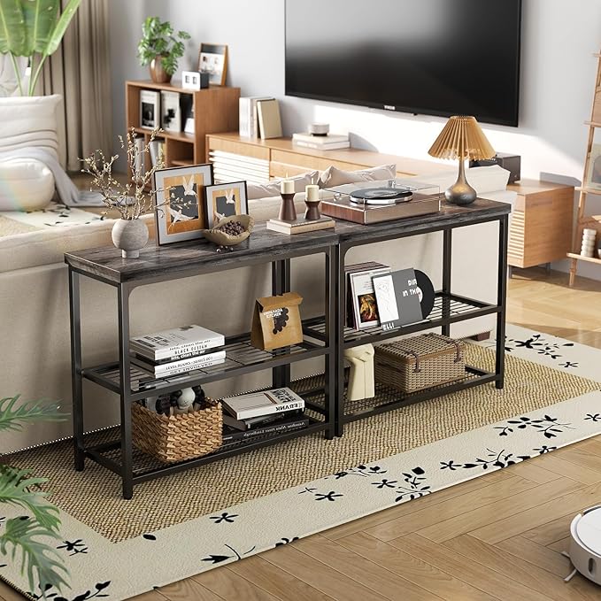 Besiost 32" Small Console Table with 3-Tier Storage, Industrial Narrow Entryway Table, Sofa Table Behind Couch for Hallway, Foyer & Living Room, Sturdy Metal Frame, Oak Grey