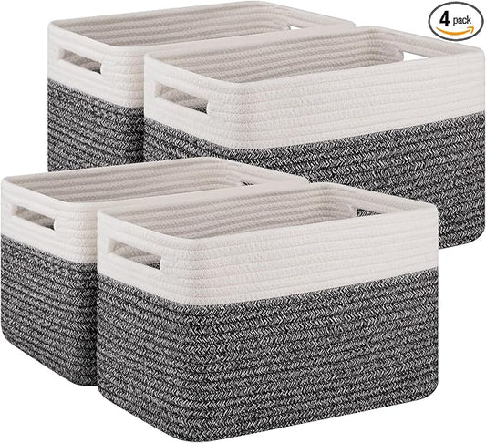 4 Pack Storage Baskets for Organizing, Woven Baskets for Shelves - Perfect for Toys, Books, Towels, and Clothes, Durable Gift Basket Bins Toy Storage, 12.7''Lx9''Wx7.8''H, Black & White