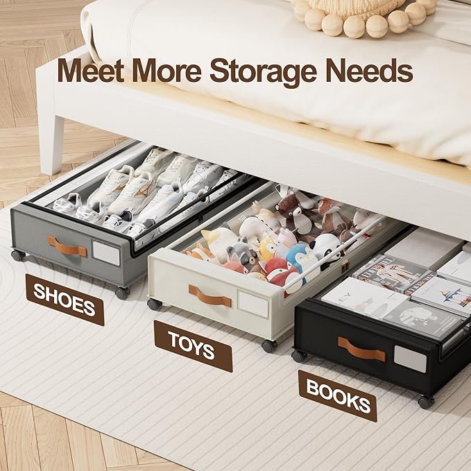 LAMU Under Bed Storage with Wheels, 2 Pack Under Bed Storage Containers with Clear Lid, XXL 60 L Underbed Storage Bins, Rolling Under Bed Metal Drawers for Clothes, Blankets, Shoes, Black