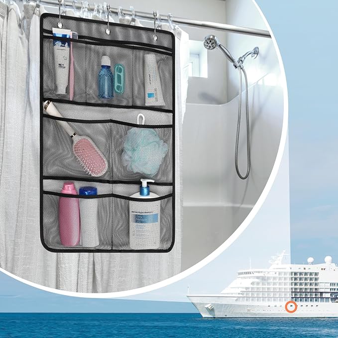 F-color Cruise Essentials 2026 - Mesh Shower Organizer Hanging with 7 Pockets for RV Gym Camping, Quick-Dry Portable Toiletry Bag with Metal Hooks for Bathroom Travel Toiletries, Black