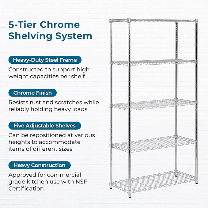 Honey-Can-Do 5-Tier Heavy Duty Adjustable Shelving Unit with Wheels, 350-lb Per Shelf NSF Certified Rolling Metal Storage Rack, Chrome Wire Shelf, 36 x 18 x 72 in