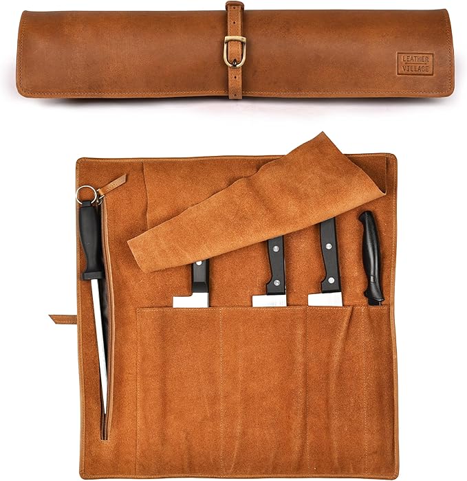 LEATHER VILLAGE Genuine Leather Knife Roll Bag – Professional Chef Carrying Case, Durable Sheath Holder, Cooks & Culinary Tools Organizer, Portable Travel Storage with 4 Slots & Zipper - Tan