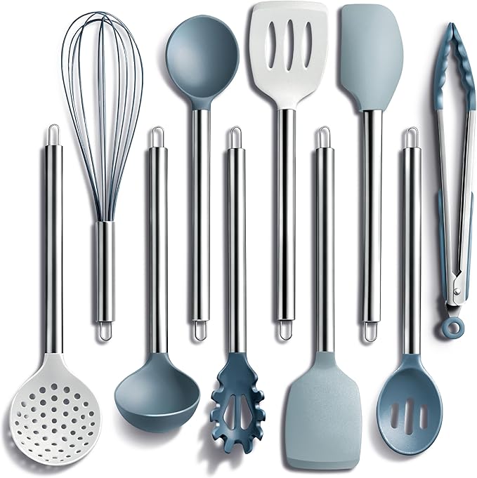 COOK WITH COLOR Silicone Cooking Utensils, Kitchen Utensil Set, Easy to Clean Silicone Kitchen Utensils, Cooking Utensils for Nonstick Cookware, Kitchen Gadgets Set, 10 Pieces, Blue and White