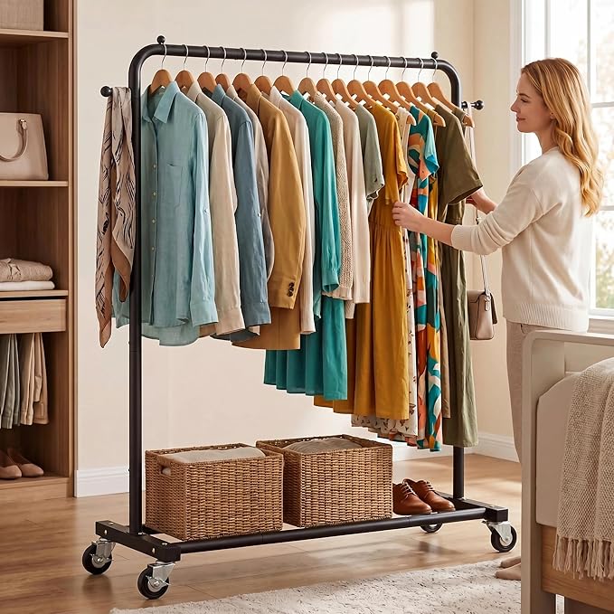 Sywhitta Clothing Rack on Wheels with Storage Shelf & Sturdy Metal Frame, Retail Clothing Rack for Hanging Clothes, Coats, Skirts,Space-Saving Mobile Organizer for Closet, Bedroom, Laundry Room, Black