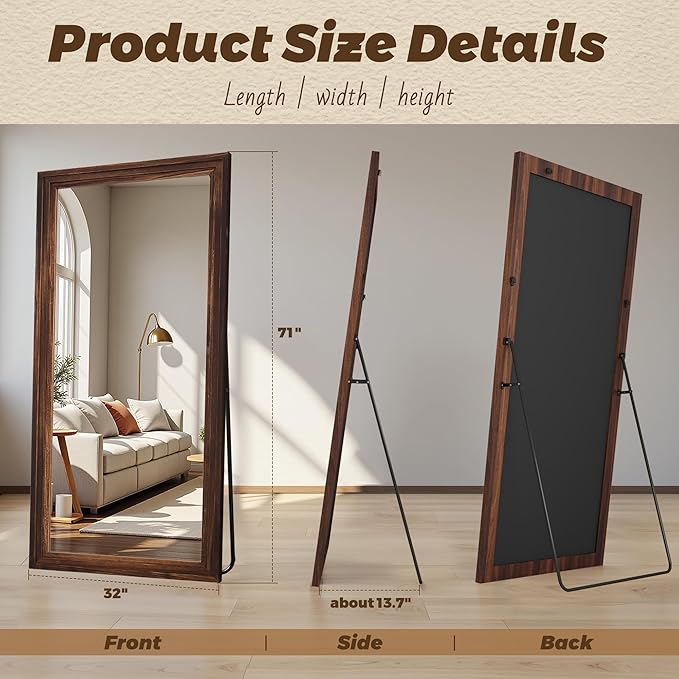 Antok Full Length Mirror with Solid Wood Frame, 71"×32" Wall Mounted Oversized Floor Mirror with Stand, Leaning Standing Hanging for Bedroom Living Room Entryway, Walnut, Rect Style