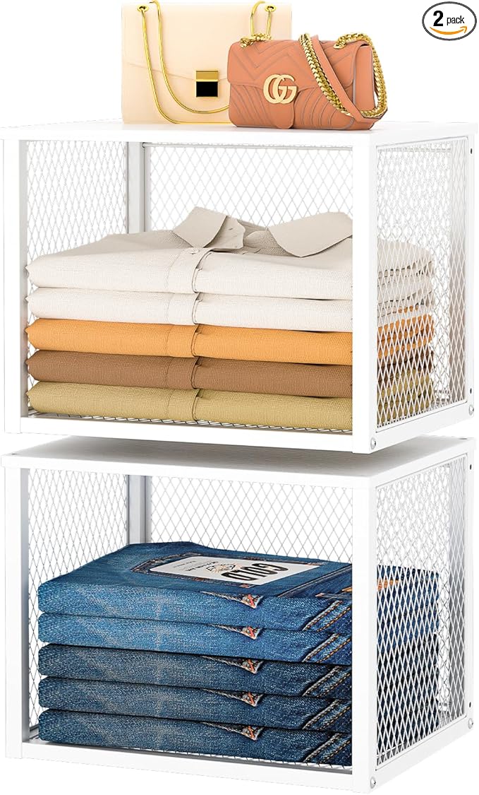 2 Pack Stackable Closet Organizers and Storage Basket, Closet Shelves with Wood Top Extra Storage, Multifunctional Clothes Organizer Bins/Cube Storage Drawer for Wardrobe Kitchen Laundry Room, White
