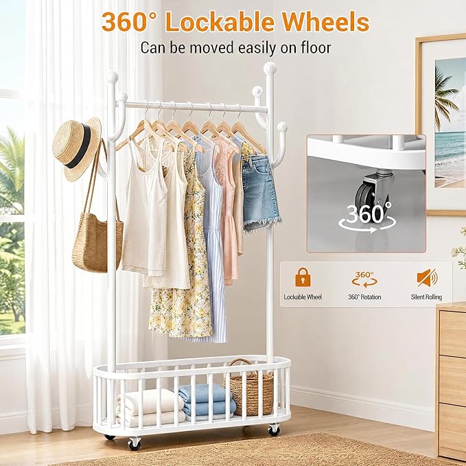 IDEALHOUSE Metal Clothing Rack with Wheels, Rolling Garment Rack with Hanging Rod, Storage Basket Shelf and 4 Hooks, Portable Standing Clothes Rack for Bedroom, Closet, Living Room, Entryway,White