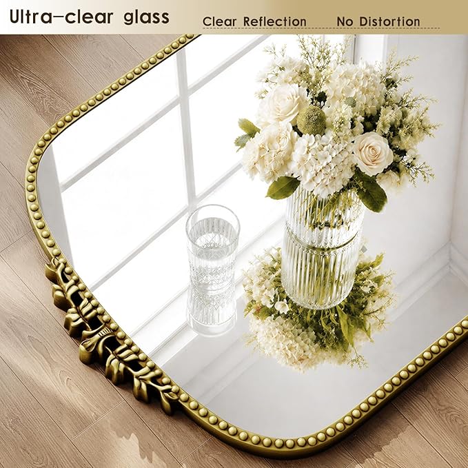 Antique Full Length Mirror 71" x 32", Antique Gold Arched Large Vintage Mirror in Baroque Style with Tempered Glass, Freestanding for Bedroom, Living Room, Cloakroom