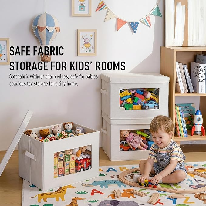 2-Pack Collapsible Storage Bins with Lids, Linen Fabric Foldable Storage Boxes, Cube Closet Organization for Clothes, Blankets, Books, Beige