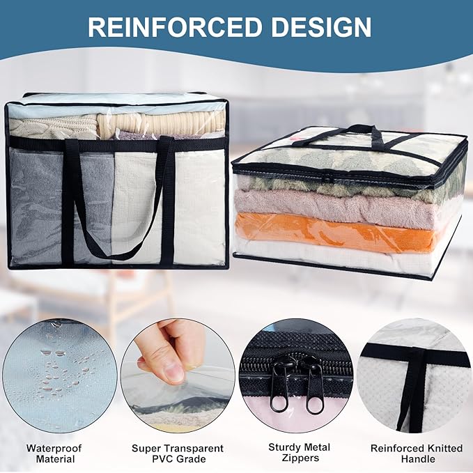 4Pack Clear Blanket Storage Bags, Vinyl Comforter Clothes Storage Closet Organizers and Storage Containers Moving Bags with Reinforced Handle for Bedding, Clothing, Comforters, Pillows, Toys,90L