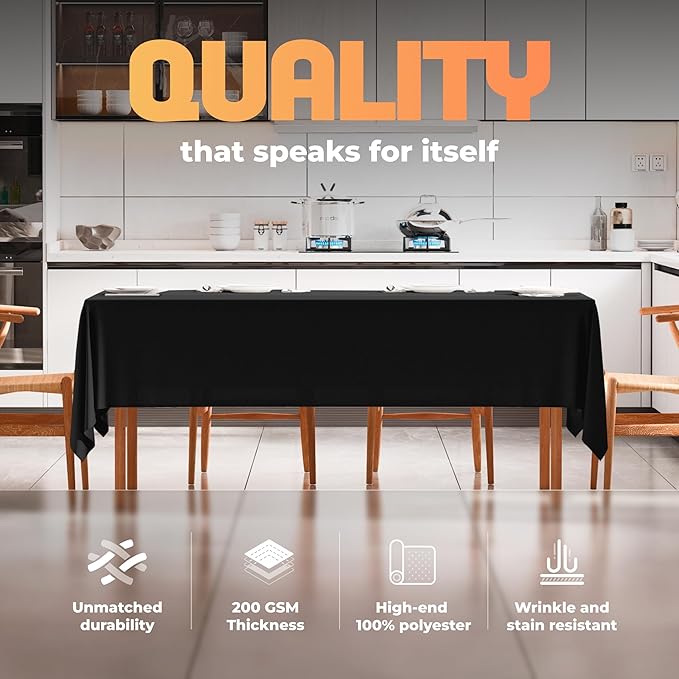 White Classic WEALUXE Black Table Cloth for 6 Foot Rectangle Tables, 60x102 inches, Water, Stain and Wrinkle Resistant, 200 GSM Washable Poly Fabric Tablecloth Rectangular, Elegant and Durable