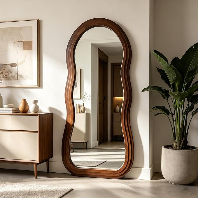 Wavy Full Length Mirror, 67"x31.5" Organic Floor Mirror with Triple-Layer Solid Wood Frame, Large Irregular Aesthetic Mirrors for Living Room Entryway Hallway, Leaning/Hanging