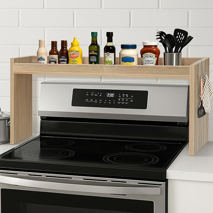 Over the Stove Shelf, Wood Stove Top Shelf, 31.5" Stove Top Organizer Shelves with 6 Hooks,11.5" Height Over Stove Spice Rack for Kitchen, White Oak