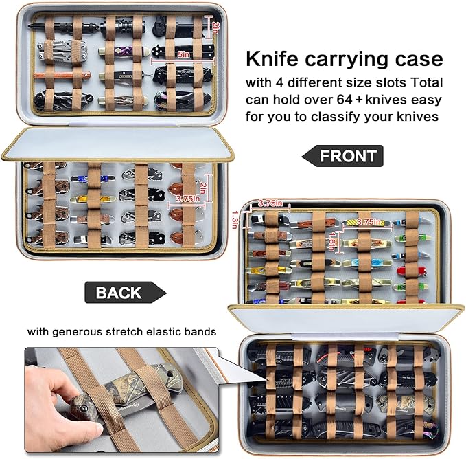 Knife Display Case for 64+ Pocket Knives, Butterfly Knife Storage Box, Folding Knives Organizer Holder, Knives Collection Organized Carrier for Survival, Tactical, Outdoor, EDC Mini Knife (Black)