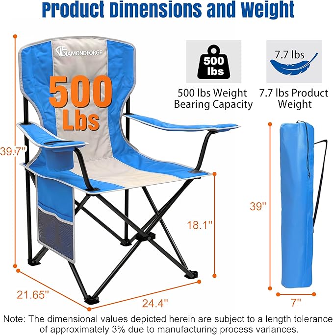 Oversized Camping Chair, High Back Camping Chairs 500 LBS Capacity, Portable Outdoor Lawn Chairs Folding with Cup Holder for Picnic, Lawn, Beach, Fishing and Sports (Bright Blue)