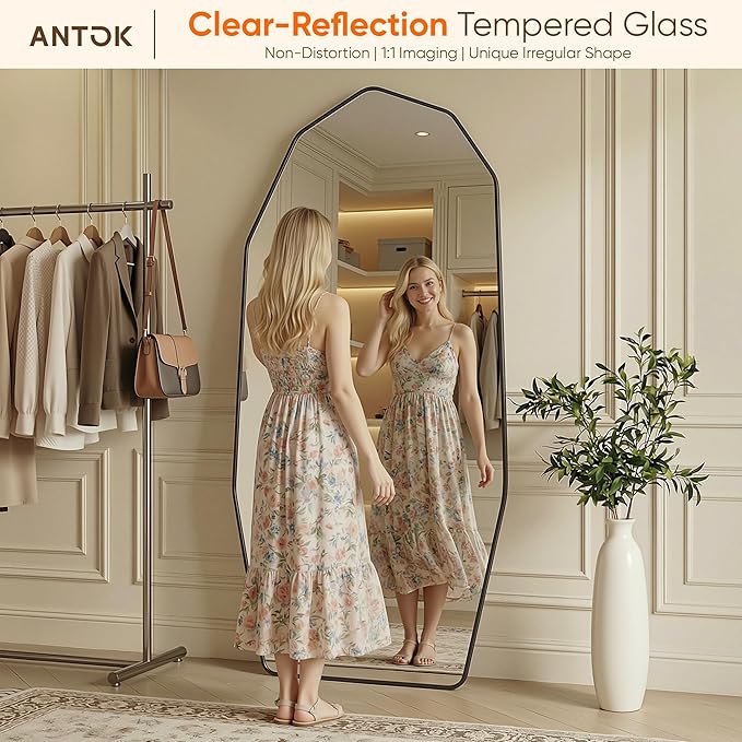 Antok Full Length Mirror, 76"x34" Floor Mirror, Free Standing Wall Mounted or Leaning Full Body Mirror with Aluminum Alloy Frame, Diamond Irregular for Bedroom Entryway Cloakroom, Black