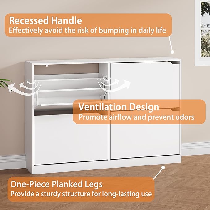 Shoe Storage Cabinet, Wood Shoe Organizer for Entryway with 4 Flip Drawers, Freestanding Shoe Rack with Adjustable Shelf, Narrow Shoe Dresser for Front Door Entrance(White, 47.24" x 32.28" x 9.44")