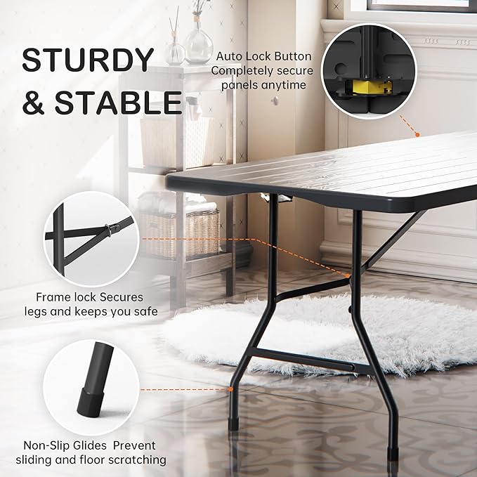 VSOAEIL Folding Table 6 Foot for Indoor Outdoor, Portable Heavy Duty Fold-in-Half Utility Plastic Foldable Dining Table with Carrying Handle for Picnic, Camping and Party, Matte Black