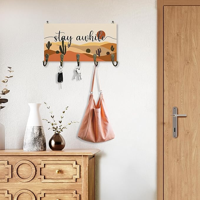 Stay While Sign Key Holder for Wall 10"x5.12", Inspirational Family Sign Key Hanger Wall Mount, Boho Western Landscape Wooden Hanging Keys Holder Decor for Entryway Front Door（5 Hooks）