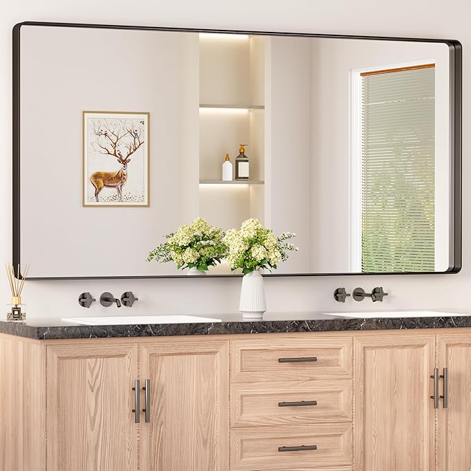 Keonjinn Black Bathroom Mirror for Over Sink, 72 x 36 Inch Large Rounded Rectangle Bathroom Vanity Mirror, Matte Black Sandblasted Finish, HD Tempered Glass, Seamless Metal Frame(Horizontal/Vertical)