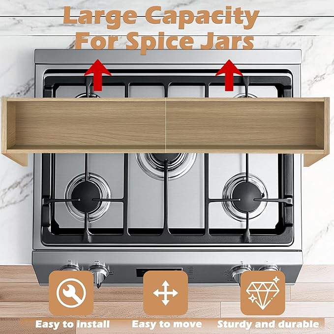 Over the Stove Shelf, Wood Stove Top Shelf, 31.5" Stove Top Organizer Shelves with 6 Hooks,11.5" Height Over Stove Spice Rack for Kitchen, White Oak