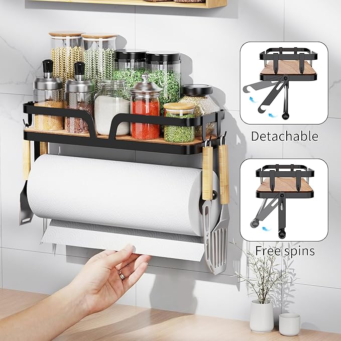 Taozun Paper Towel Holder Wall Mount, Kitchen Paper Holder Spice Rack Black Paper Towel Roll Holder RV Paper Towel Rack with 4 Hooks(2 Installation Methods - Self-Adhesive and Drilling)
