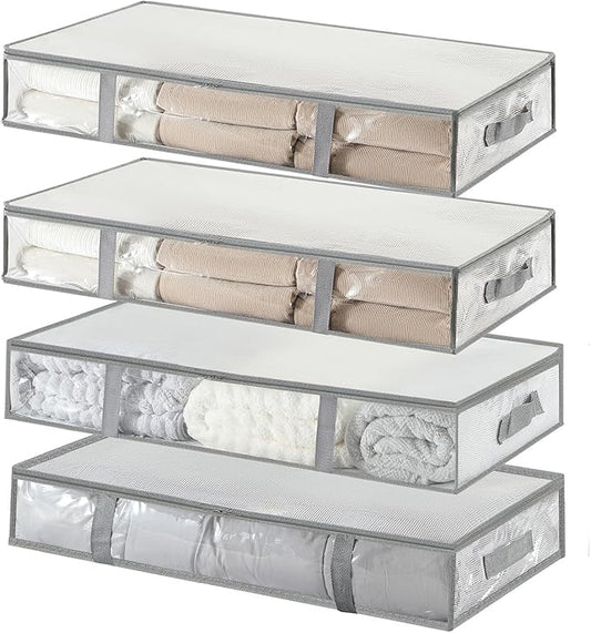 4 Pack Under Bed Storage Containers, Heavy-Duty Material Plastic Underbed Storage Bins, Blanket/Clothes Storage Bags with Lid, Bedding Comforter/Sheet/Closet Organizer and Storage