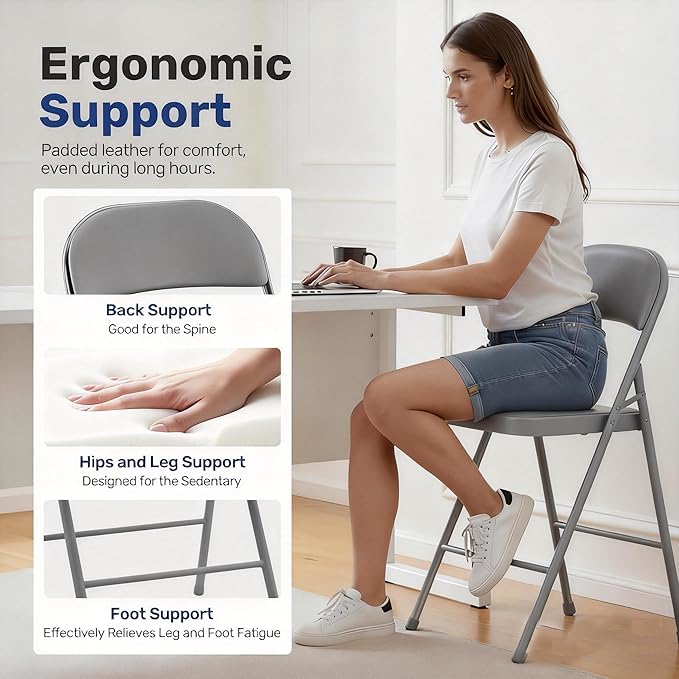 Simple Deluxe 2 Pack Folding Chairs – Padded Leather Seats, Heavy-Duty Metal Frame | Collapsible & Lightweight for Indoor/Outdoor Events, Home, Office, Grey
