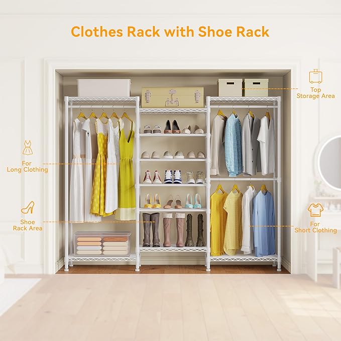 Higeego H12 Heavy Duty Clothes Rack with Adjustable 5-Tier Shoe Rack, Metal Clothing Racks for Hanging Clothes, Freestanding Shoe Organizer Large Garment Racks, 15.7" D x 68.7" W x 76.4" H, White