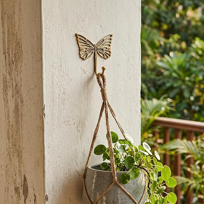 Indian Shelf 33 Lb. Solid Brass Butterfly Wall Hooks - Vintage Gold Decorative Hooks for Coats, Backpacks- Cute Heavy Duty Hangers for Kids Room, Entryway, Kitchen, Mudroom - Pack of 3
