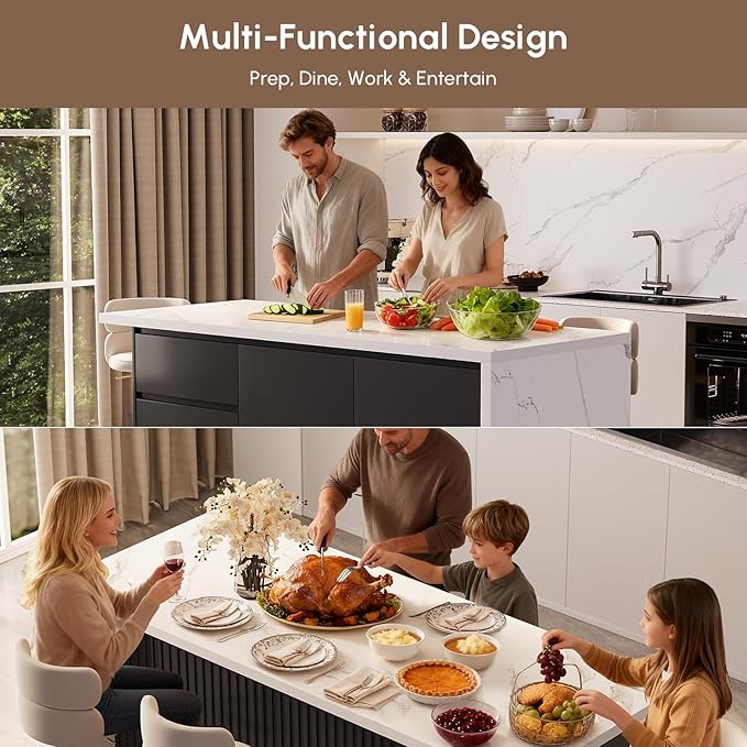 homary Kitchen Island with Storage & Wine Rack, 72" Modern Black Kitchen Cabinet with Sintered Stone Top, Large Fixed Island with 3 Drawers & 6 Adjustable Shelves, Without Bar Stools