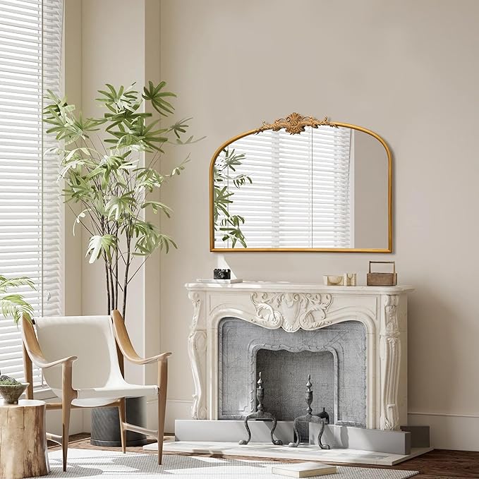 Besdomus Antique Arched Gold Mirror: 32"x24" French Large Gleaming Gold Antique Wall Mounted Mirror - Baroque Traditional Ornate for Fireplace/Bathroom/Bedroom - Wall Decor for Homemakers