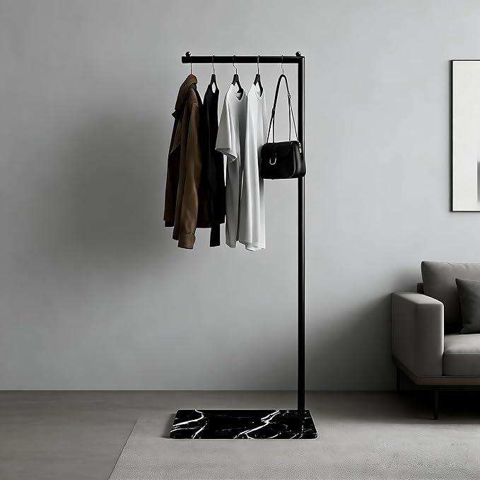 Black Clothing Rack with Marble Base,Freestanding Garment Rack for Hanging Clothes,Modern Coat Rack, Minimalist Clothes Rack for Small Spaces,Bedroom,Entryway,Boutique Display