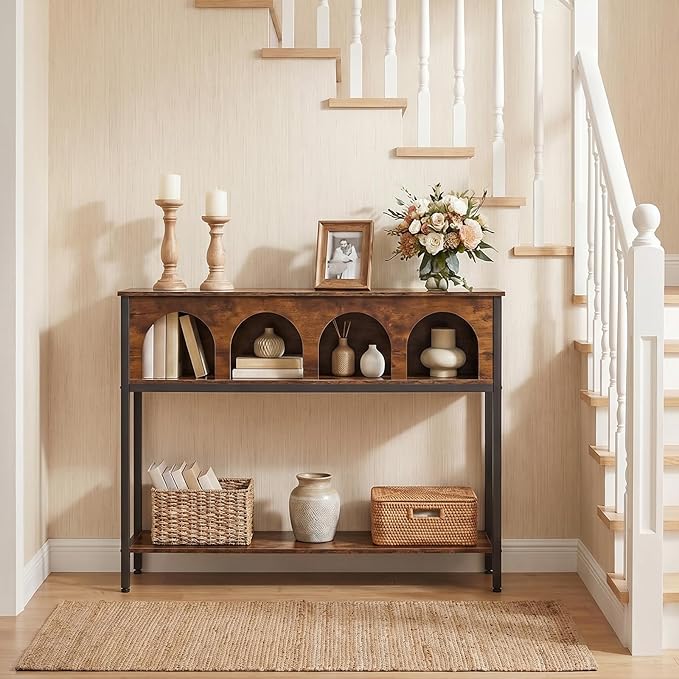 HOOBRO Modern Console Table, Entryway Table with 3-Tier Storage, Narrow Sofa Table Behind Couch with Arched Design for Living Room, Entrance, Hallway, Rustic Brown and Black BF106XG01