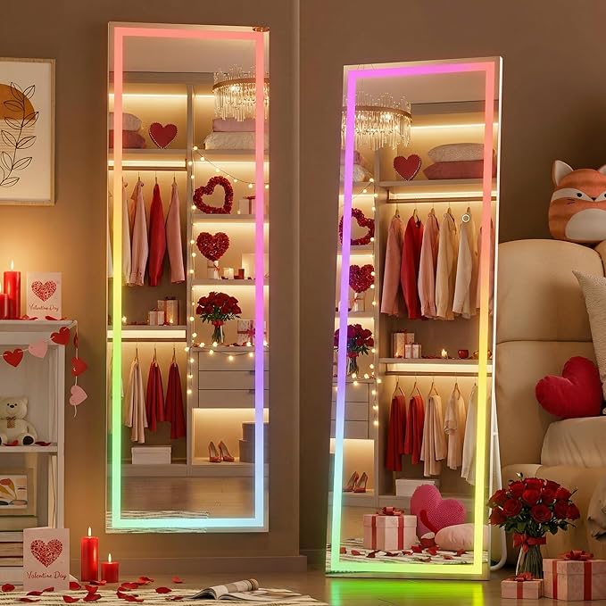 Hasipu 56"x15.7" LED RGB Full Length Mirror with Lights, Full Body Mirror with Stand, Wall Mount & Free Standing Floor Mirror for Bedroom Living Room Cloakroom, 7 Color & Brightness Adjustable