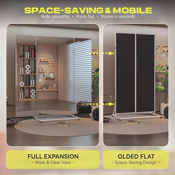 Hasipu Large Full Length Rolling Mirror - 71"×71" Tri-Fold Full Body and Tempered Glass Movable Home Gym Mirror on Wheels with Stand for Gym, Dance Studio, Fitness Room, and Home