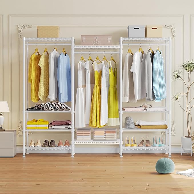 Higeego H12 Heavy Duty Clothes Rack with Adjustable 5-Tier Shoe Rack, Metal Clothing Racks for Hanging Clothes, Freestanding Shoe Organizer Large Garment Racks, 15.7" D x 68.7" W x 76.4" H, White