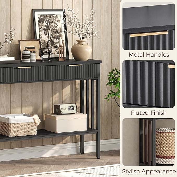 MAHANCRIS Console Table with 2 Drawers, Narrow Long Entry Table with Storage Shelf, 2-Tier Fluted Entryway Table with 2 Drawers, for Entryway, Living Room, Foyer, Hallway, Office, Black CTHB5101