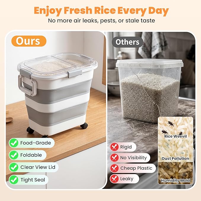 30 Lbs Rice Storage Container with Wheels, Collapsible Airtight Dog Food Storage Container with Transparent Lid, Measuring Cup, Scoop, Handle, BPA Free Rice Holder for Pet Food, Grain, Bird Seed
