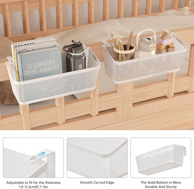 2 Pack Bedside Caddy Organizer, White Metal Hanging Storage Baskets for Bed Rail and Headboard, Bunk Bed Shelves, College Dorm Room Essentials, Holds Phones, Books, Tablets and Bottles (Extra Large)