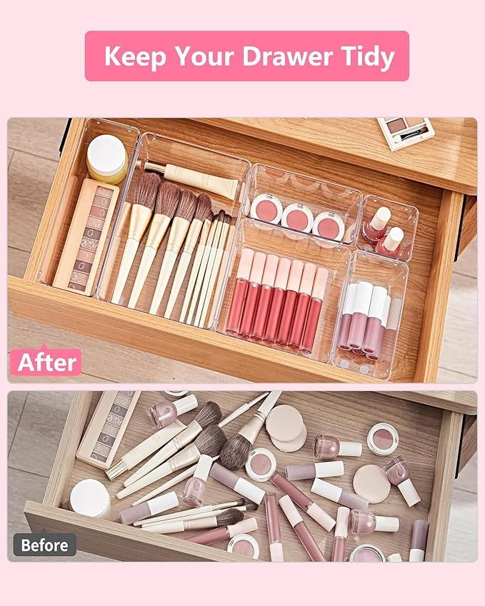 13 Pcs Makeup Drawer Organizer Set, 5 Sizes Versatile Vanity Drawer Organizer for Makeup, Non-Slip Desk Organizer Trays for Bathroom, Bedroom, Office, Fits Jewelry and Office Supplies