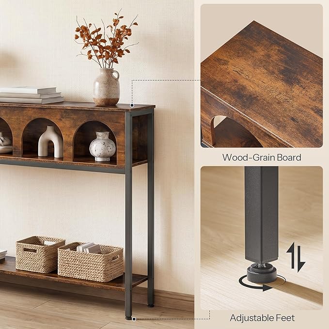 HOOBRO Modern Console Table, Entryway Table with 3-Tier Storage, Narrow Sofa Table Behind Couch with Arched Design for Living Room, Entrance, Hallway, Rustic Brown and Black BF106XG01
